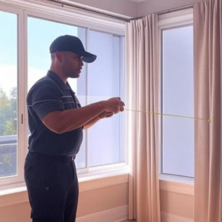 Szakember helyszíni függöny méretvételt végez egy lakásban