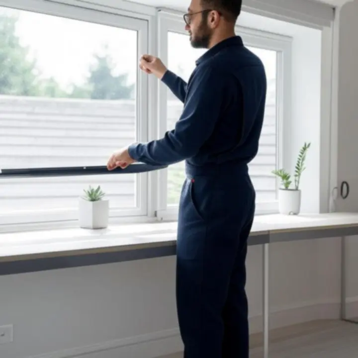 Modern Drapelys roló felszerelése egy letisztult, világos enteriőrben