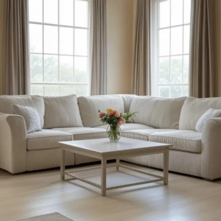 Lágy neutrális színekkel berendezett elegáns nappali Drapelys függönyökkel