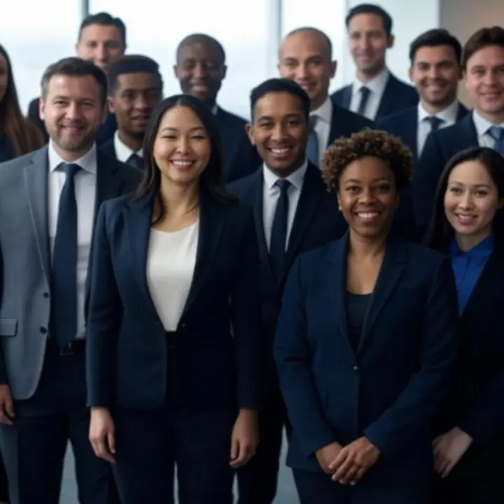 Drapelys szakértői csapat mosolygós csoportképe bemutatótermi környezetben